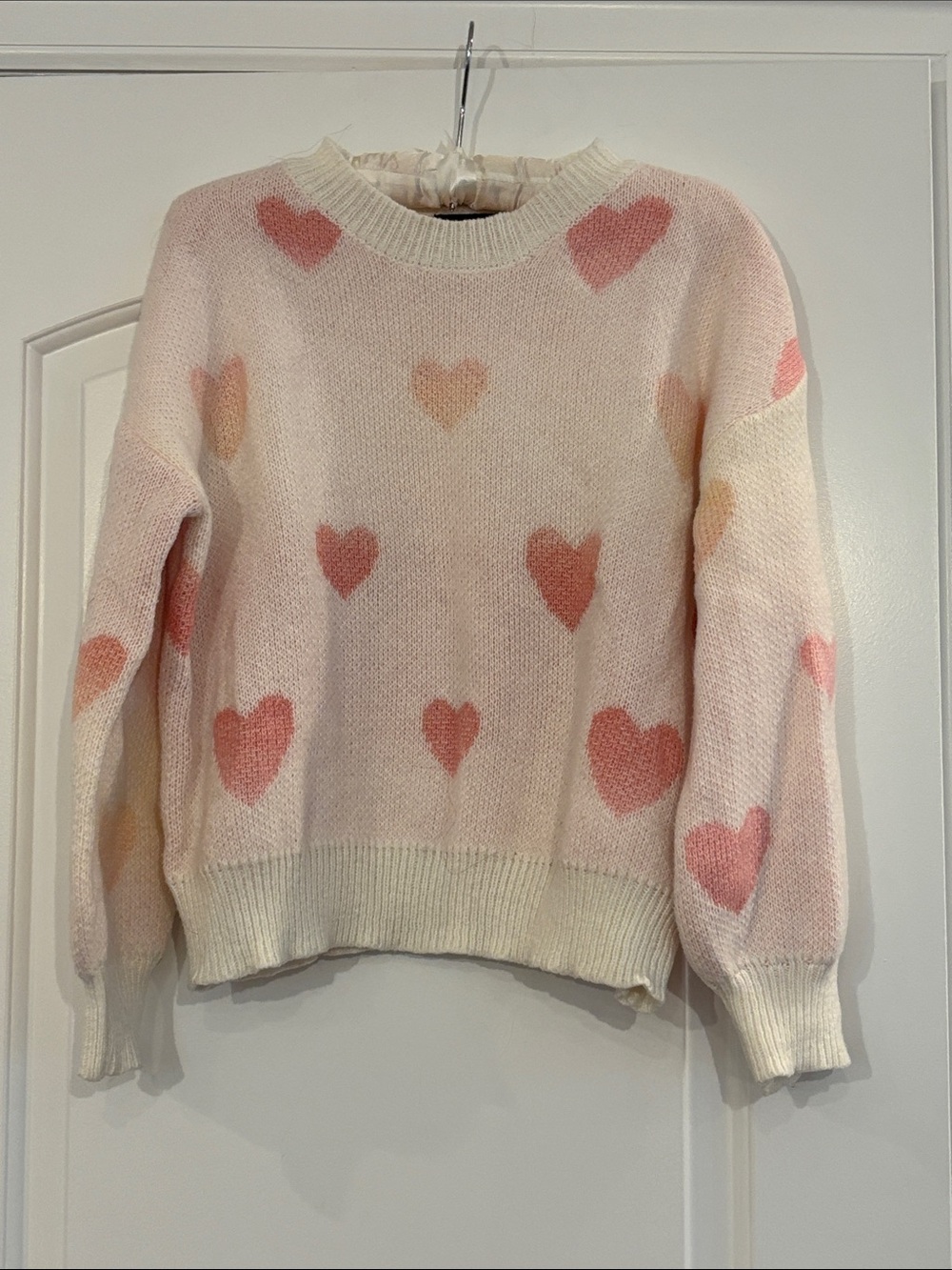 Women’s Heart Print Crewneck Sweater - Pink/Cream